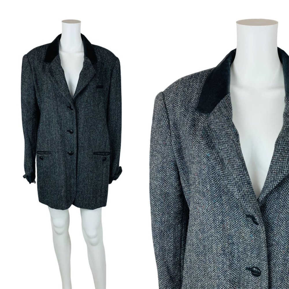 Vintage 90s Oversized Blazer Black Tweed Menswear Style Suit Jacket